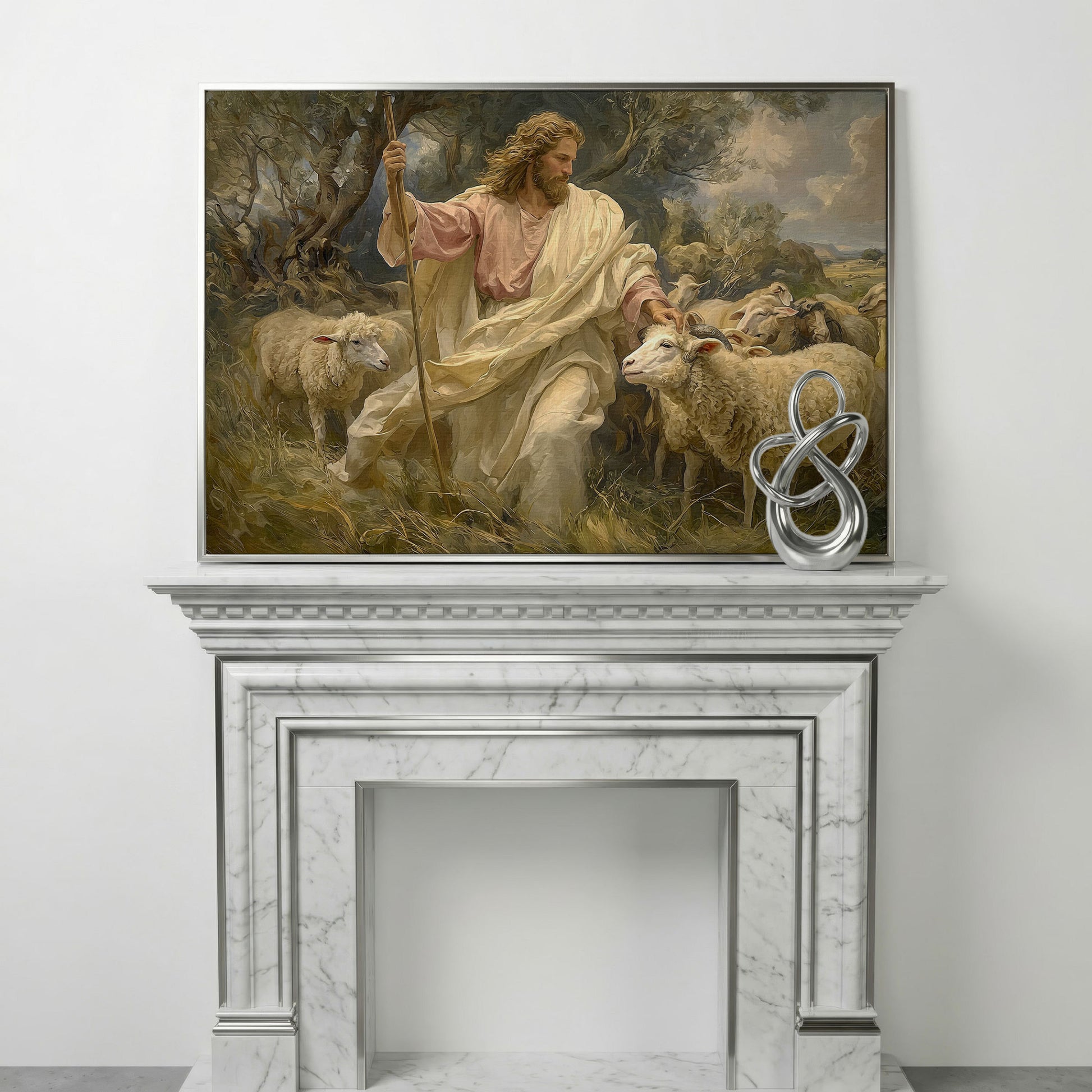 Jesus the Good Shepherd with Sheep, Canvas Wall Art in silver floating frame
