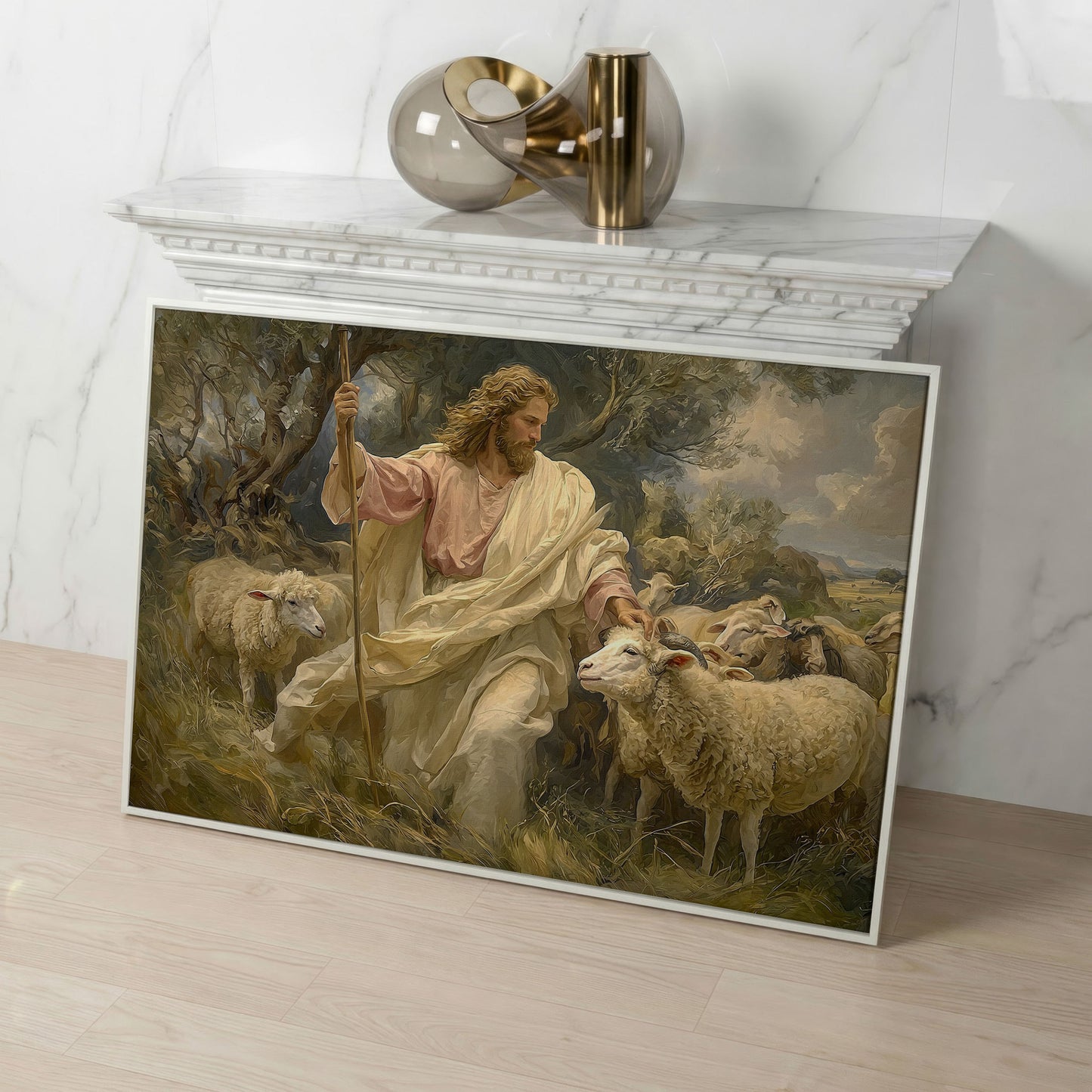 Jesus the Good Shepherd with Sheep, Canvas Wall Art in white floating frame