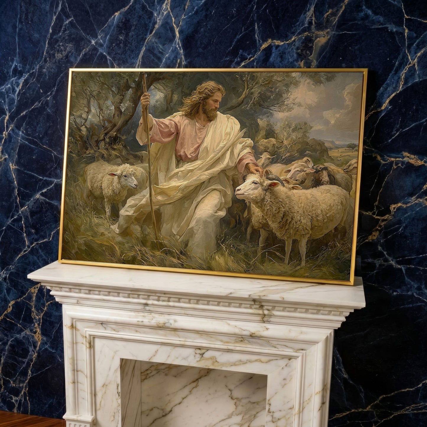 Jesus the Good Shepherd with Sheep, Canvas Wall Art in yellow gold floating frame