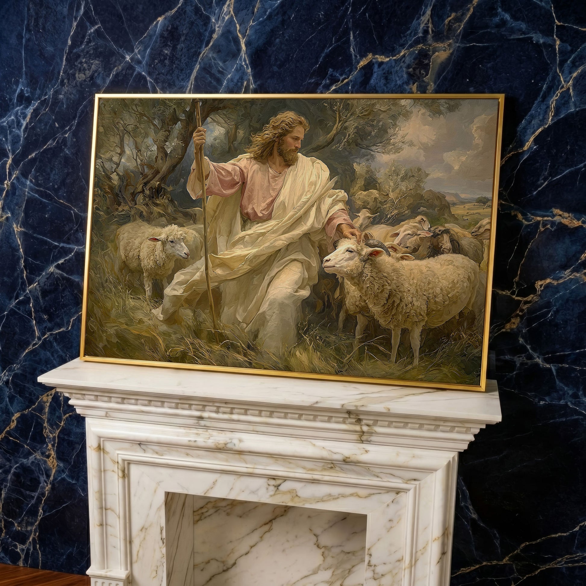 Jesus the Good Shepherd with Sheep, Canvas Wall Art in yellow gold floating frame