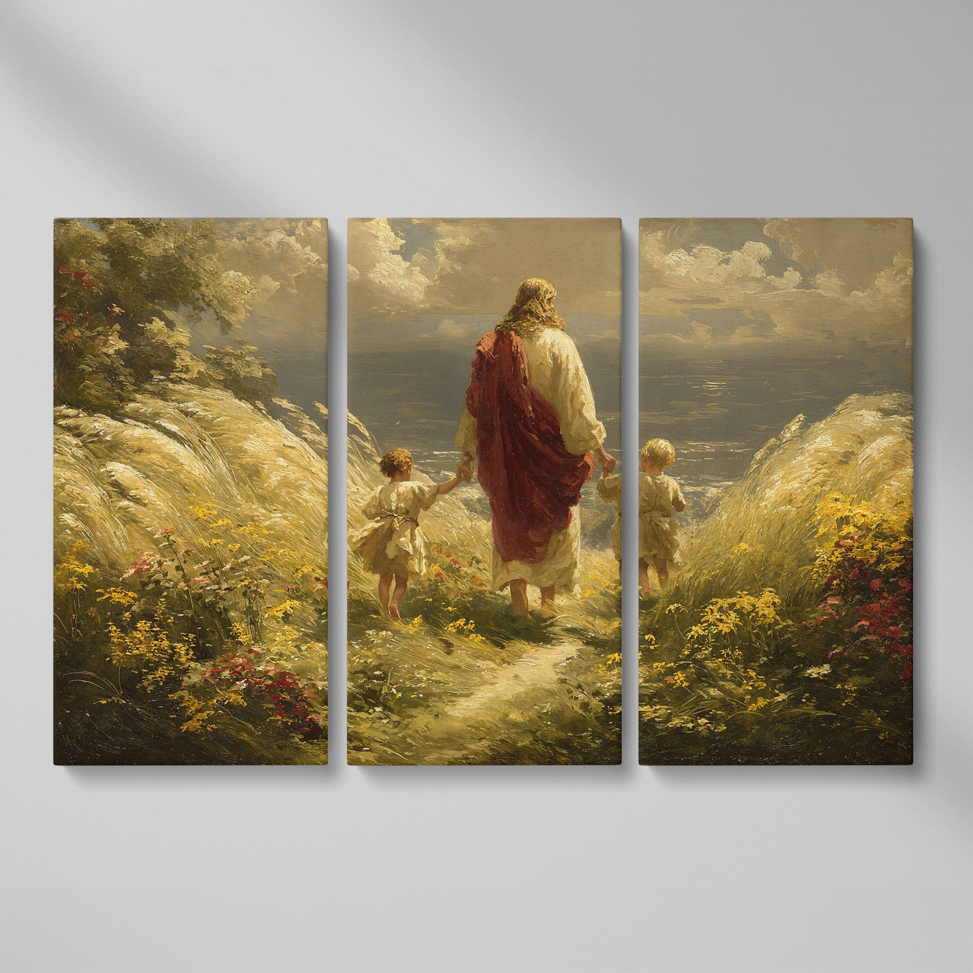 Walk with Jesus Canvas Art: Figure with Two Children Toward the Sea as 3-panel split version