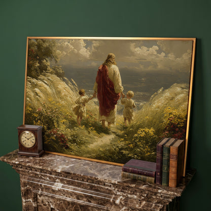 Walk with Jesus Canvas Art: Figure with Two Children Toward the Sea in antique gold floating frame