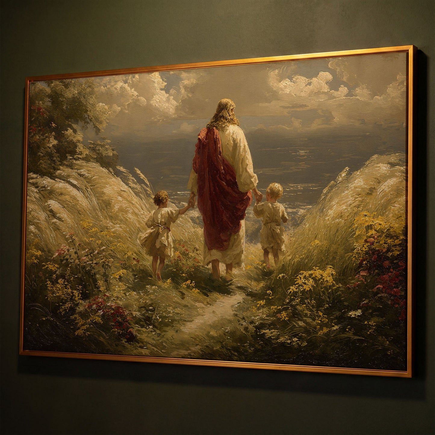 Walk with Jesus Canvas Art: Figure with Two Children Toward the Sea shown in antique gold floating frame