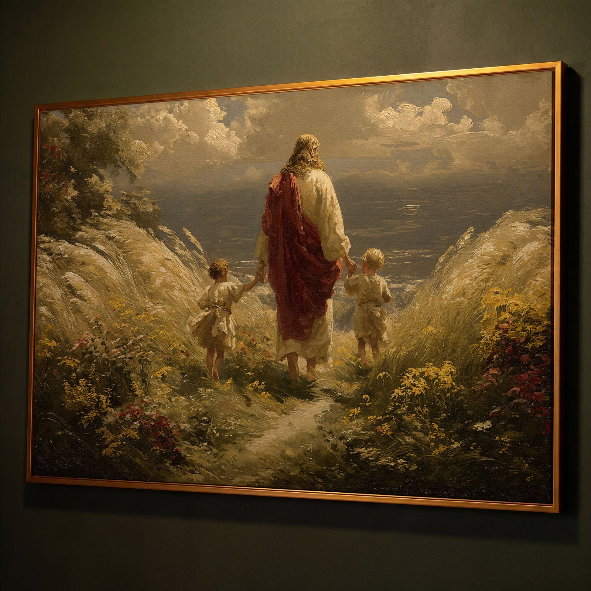 Walk with Jesus Canvas Art: Figure with Two Children Toward the Sea shown in antique gold floating frame