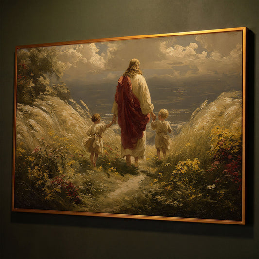Walk with Jesus Canvas Art: Figure with Two Children Toward the Sea shown in antique gold floating frame