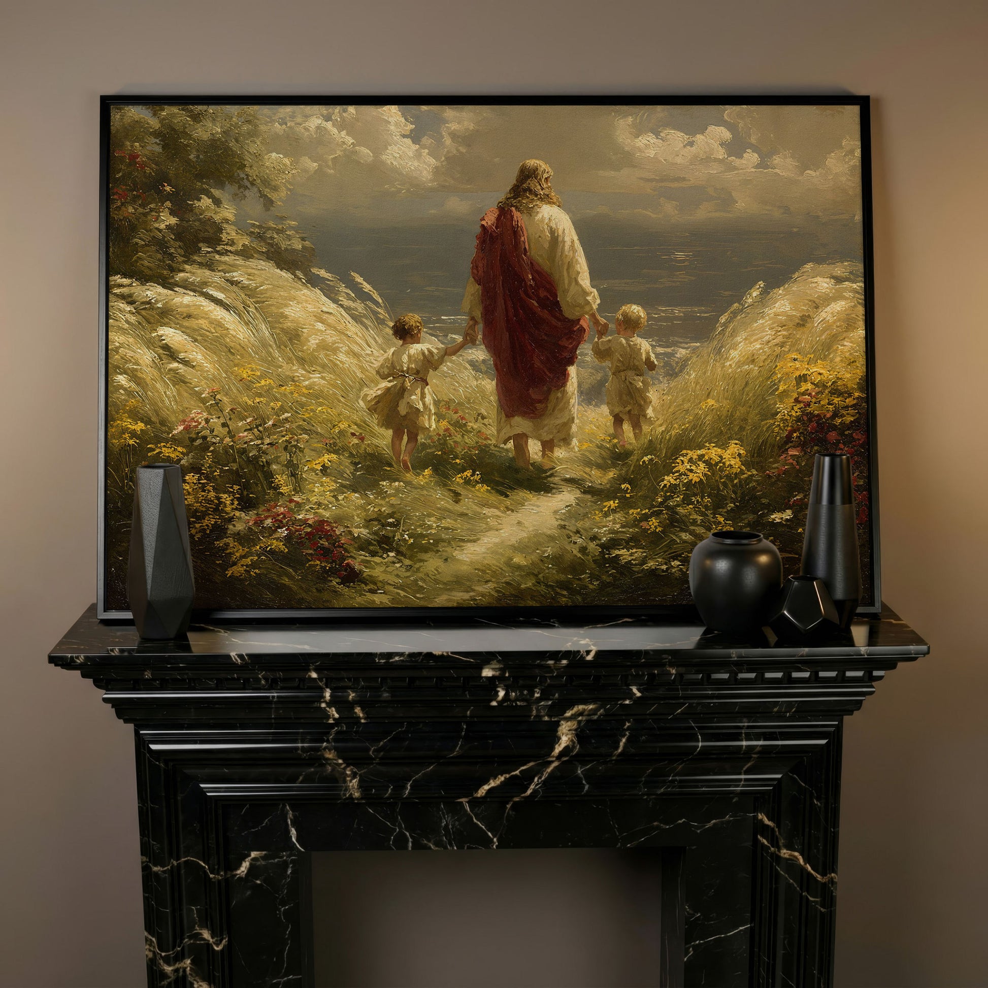 Walk with Jesus Canvas Art: Figure with Two Children Toward the Sea in black floating frame