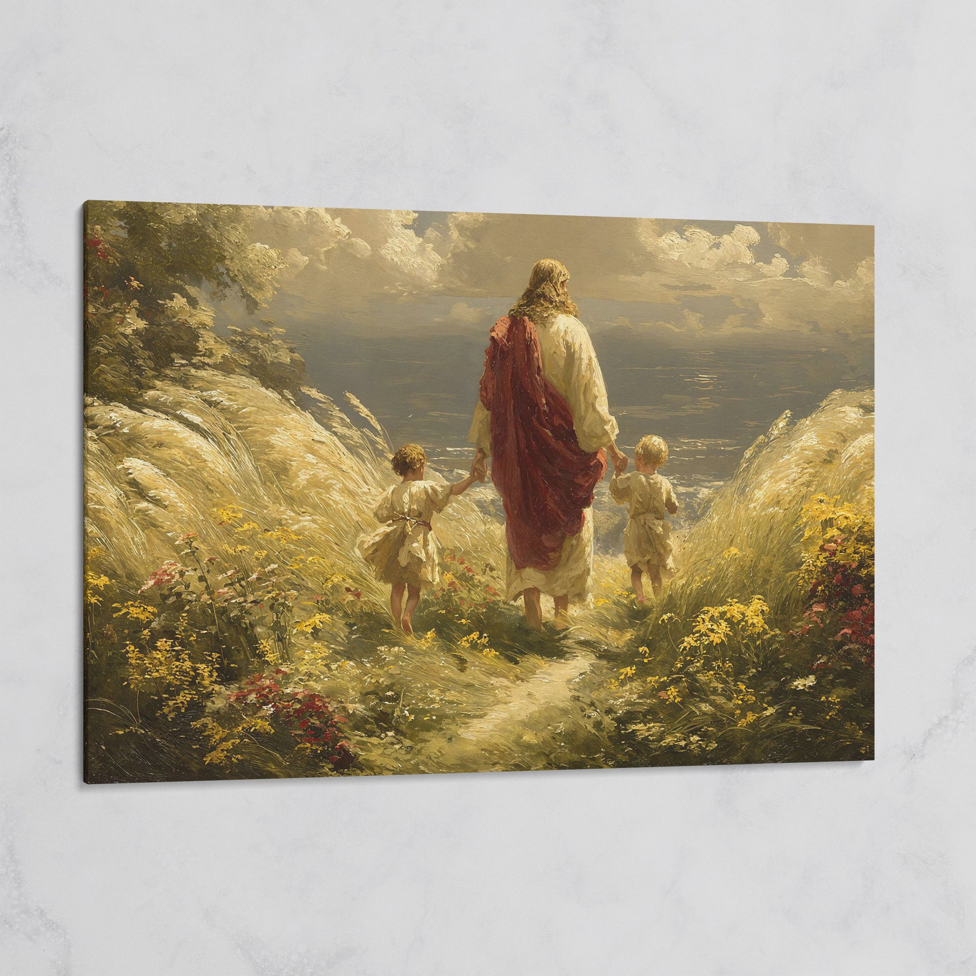 Walk with Jesus Canvas Art: Figure with Two Children Toward the Sea on gallery wrap