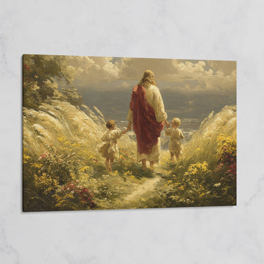 Walk with Jesus Canvas Art: Figure with Two Children Toward the Sea on gallery wrap