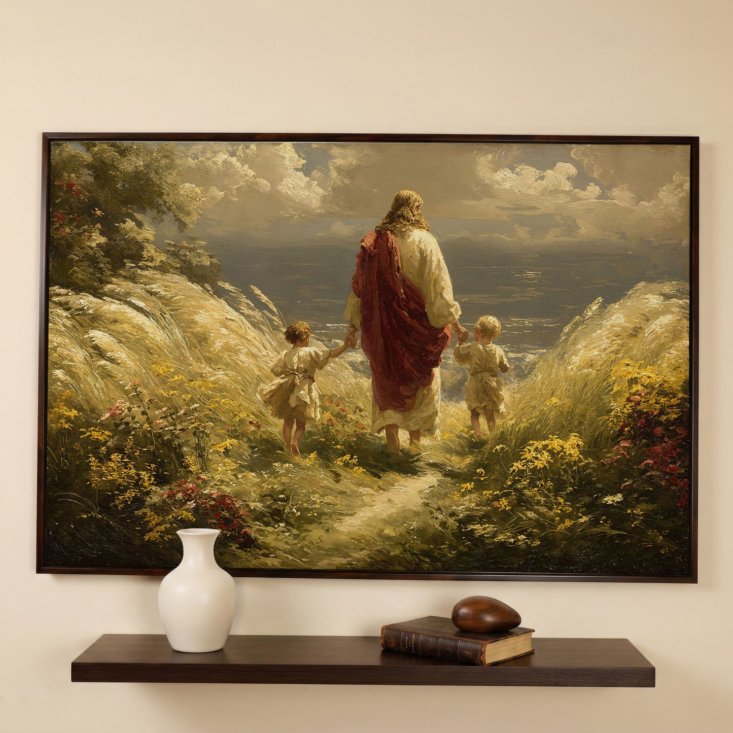 Walk with Jesus Canvas Art: Figure with Two Children Toward the Sea in dark walnut floating frame