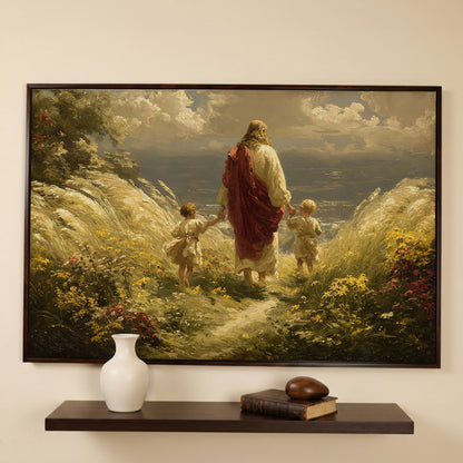 Walk with Jesus Canvas Art: Figure with Two Children Toward the Sea in dark walnut floating frame