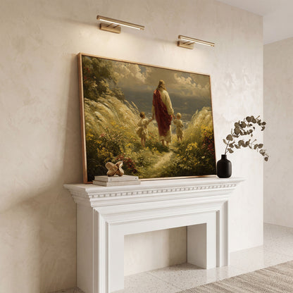 Walk with Jesus Canvas Art: Figure with Two Children Toward the Sea in white oak floating frame