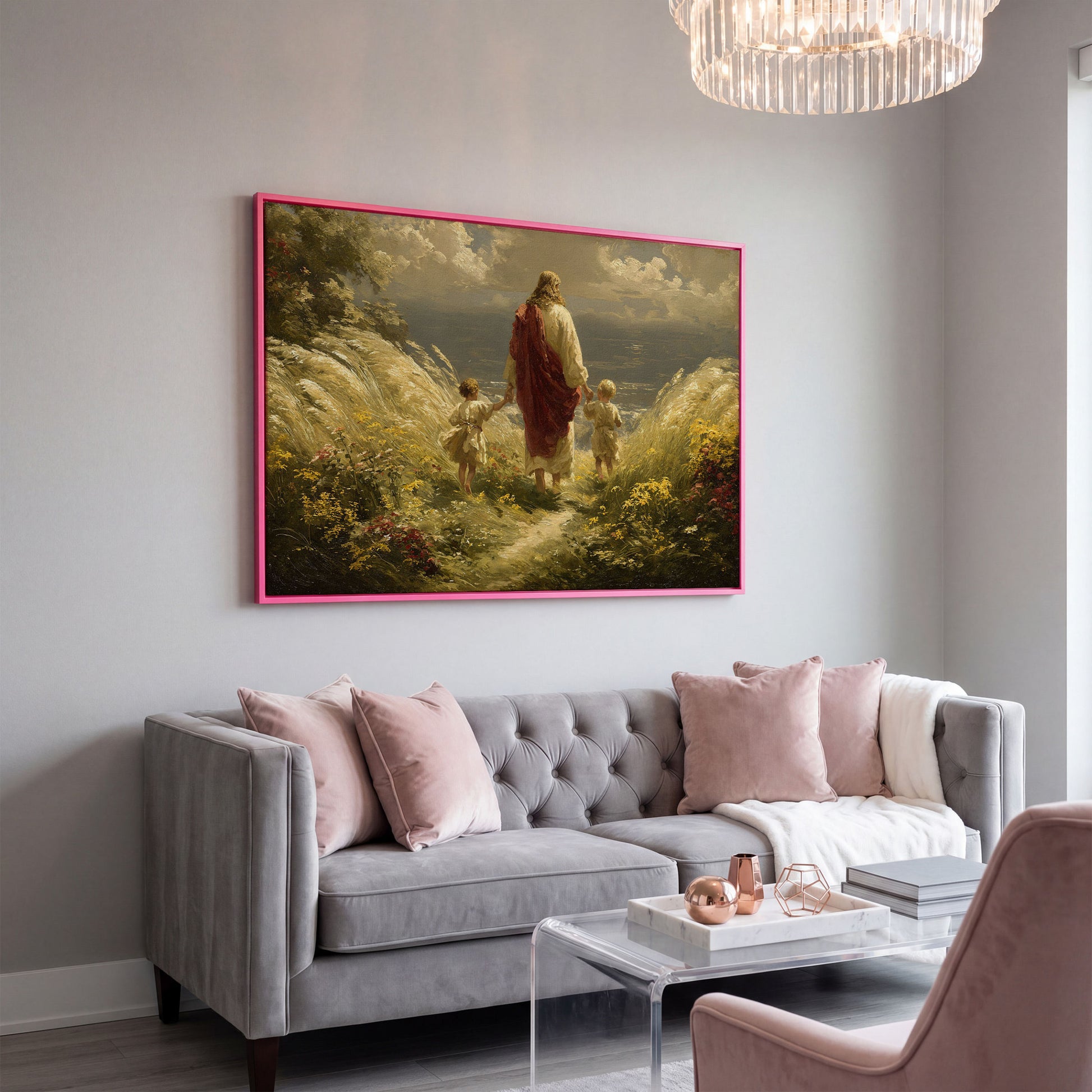 Walk with Jesus Canvas Art: Figure with Two Children Toward the Sea in pink floating frame