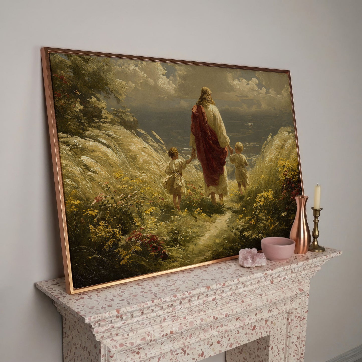 Walk with Jesus Canvas Art: Figure with Two Children Toward the Sea in rose gold floating frame