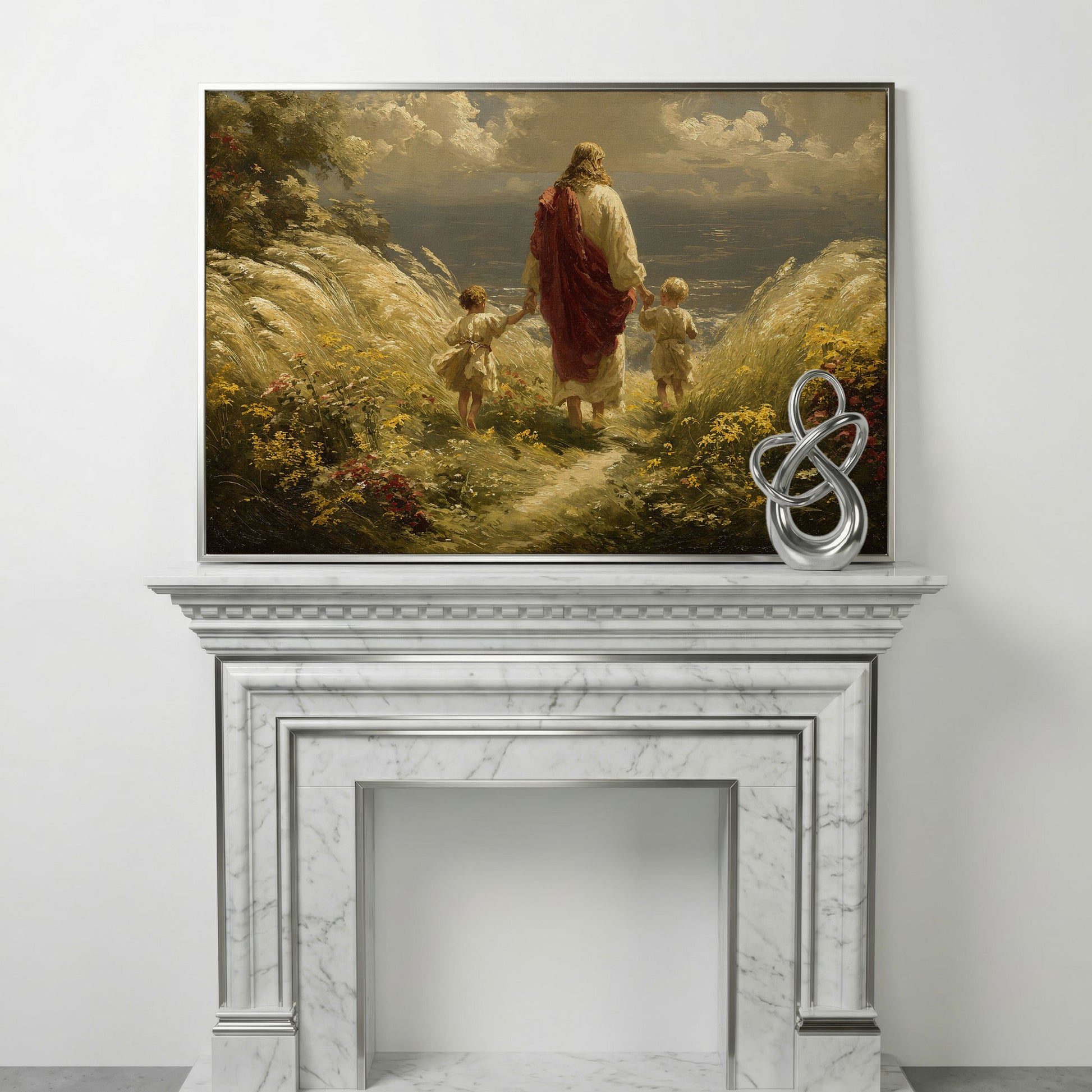 Walk with Jesus Canvas Art: Figure with Two Children Toward the Sea in silver floating frame