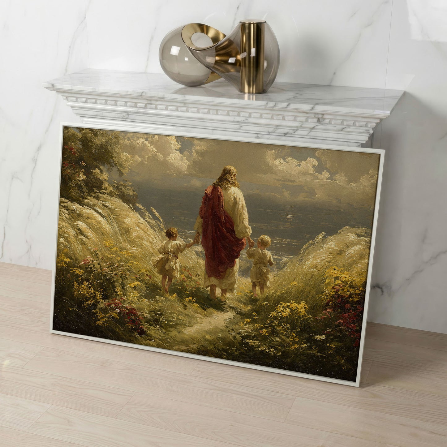 Walk with Jesus Canvas Art: Figure with Two Children Toward the Sea in white floating frame