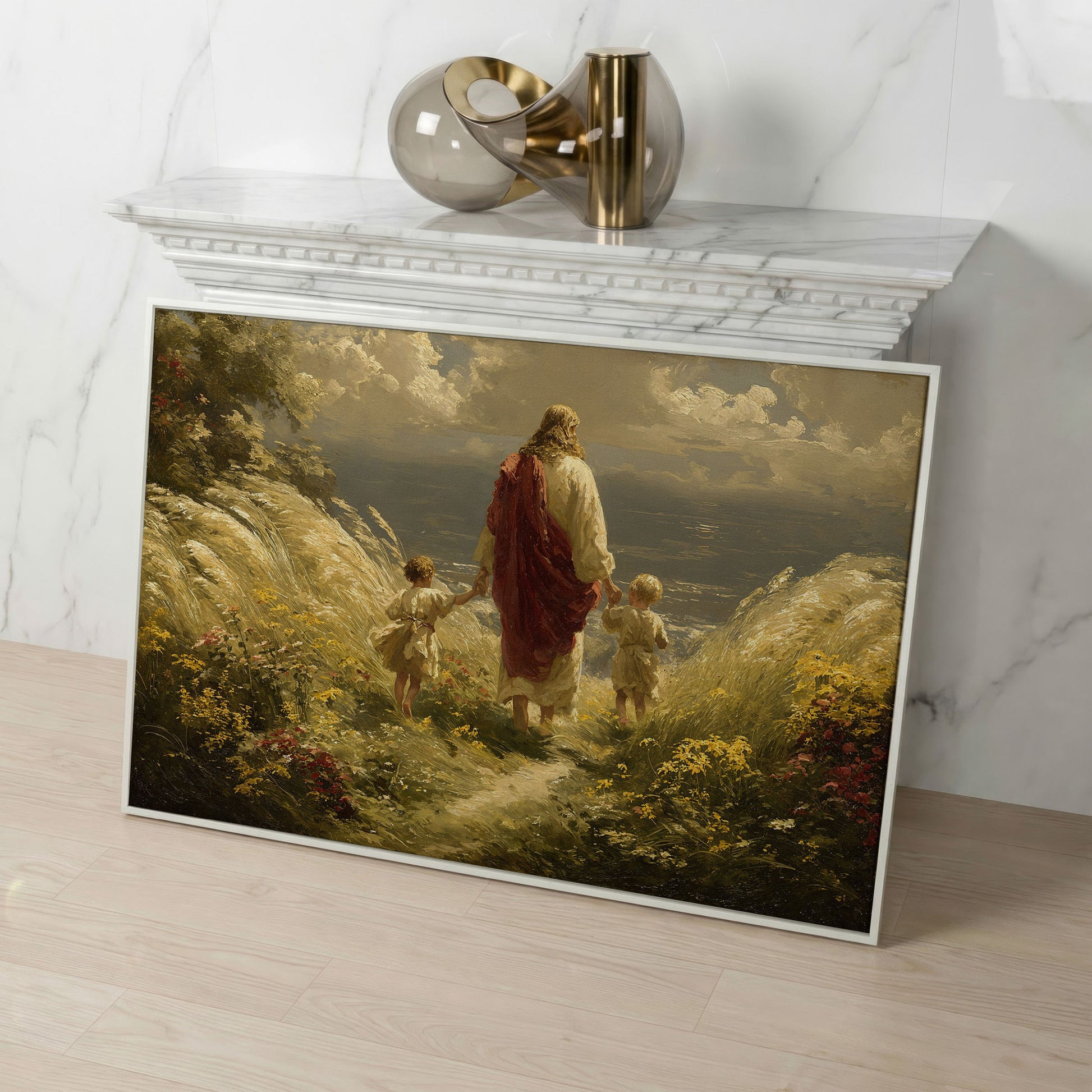 Walk with Jesus Canvas Art: Figure with Two Children Toward the Sea in white floating frame
