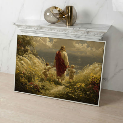 Walk with Jesus Canvas Art: Figure with Two Children Toward the Sea in white floating frame