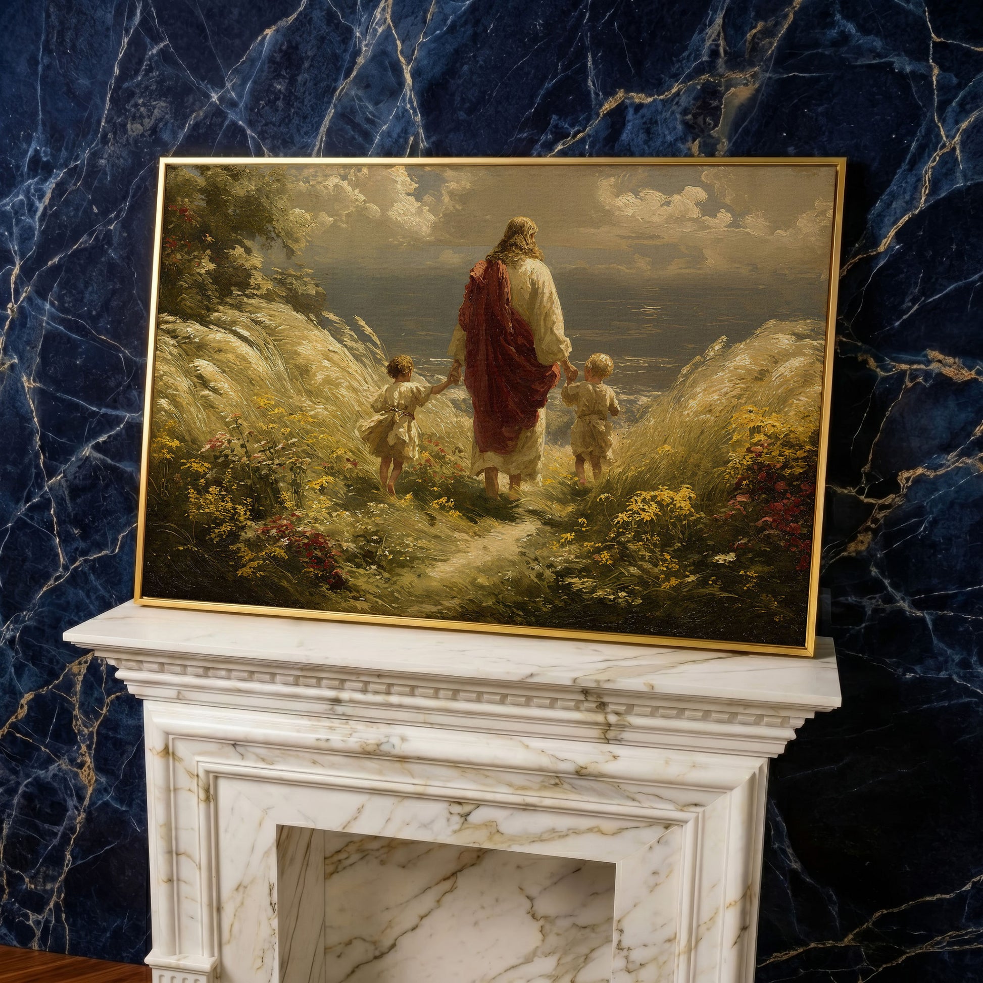 Walk with Jesus Canvas Art: Figure with Two Children Toward the Sea in yellow gold floating frame
