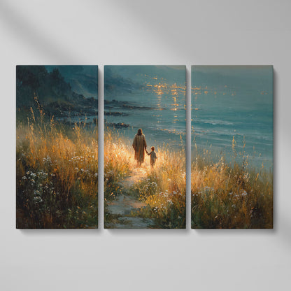 Jesus Walking with a Child Canvas Art, Coastal Path Scene as 3-panel split version
