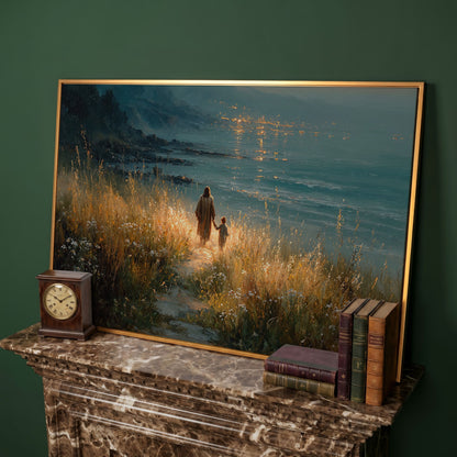 Jesus Walking with a Child Canvas Art, Coastal Path Scene in antique gold floating frame