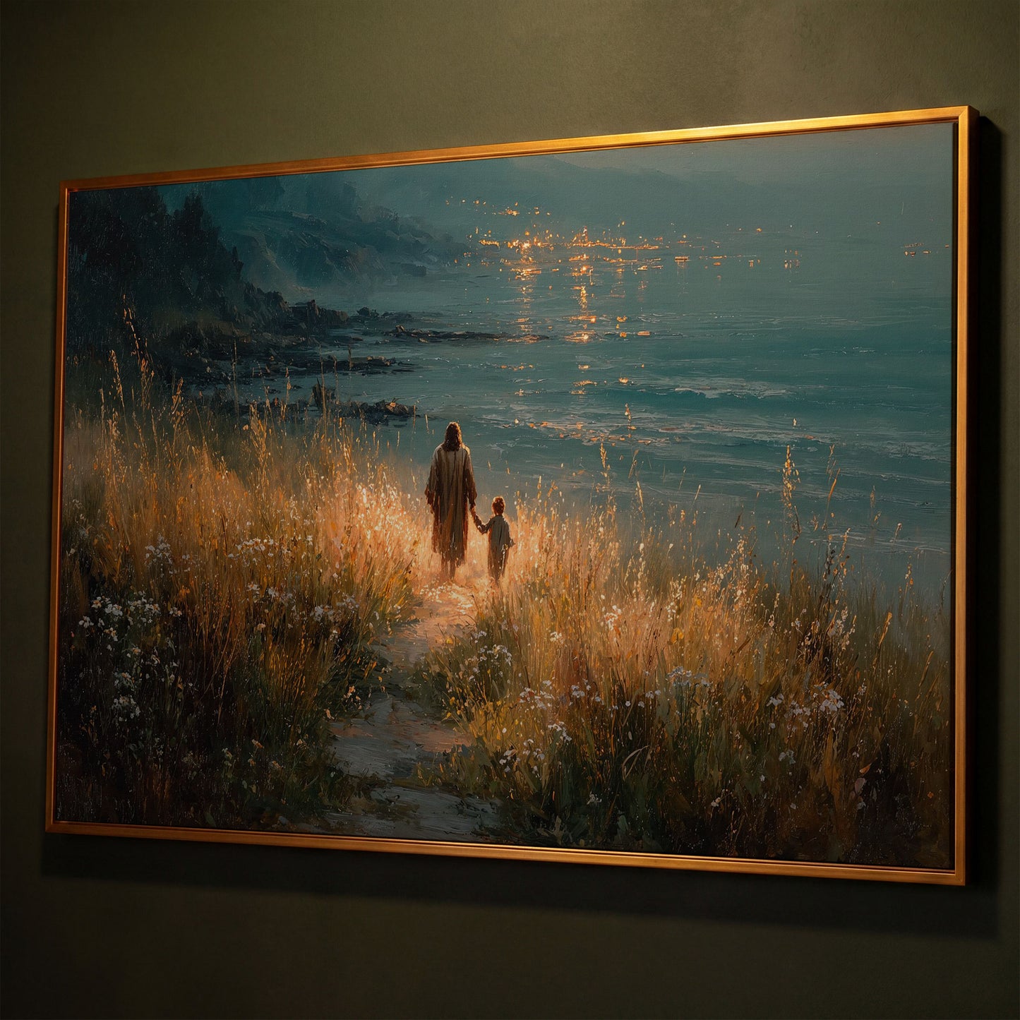 Jesus Walking with a Child Canvas Art, Coastal Path Scene shown in antique gold floating frame