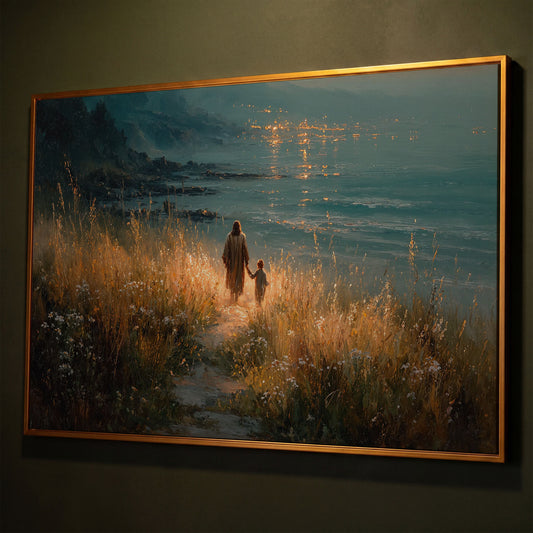 Jesus Walking with a Child Canvas Art, Coastal Path Scene shown in antique gold floating frame