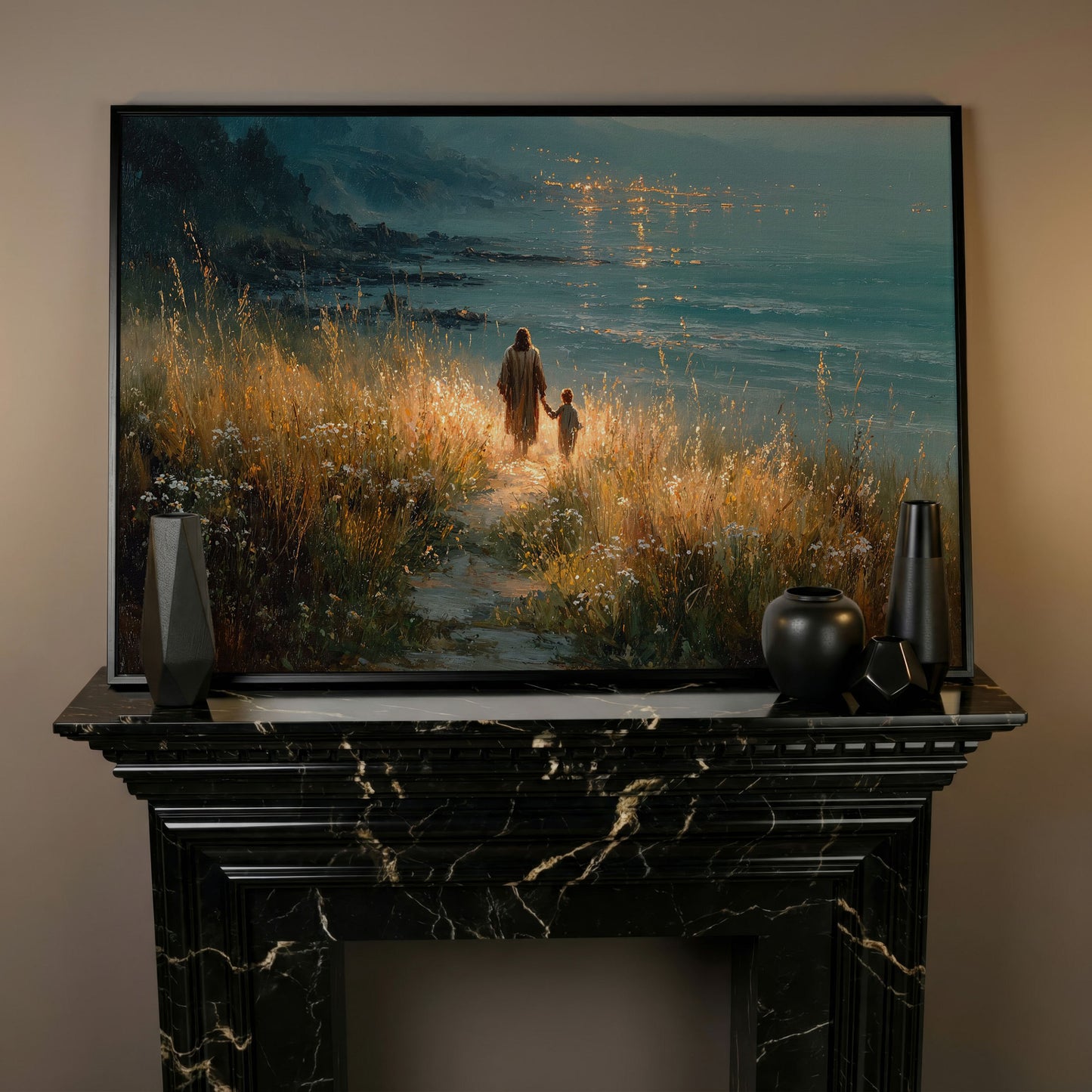 Jesus Walking with a Child Canvas Art, Coastal Path Scene in black floating frame