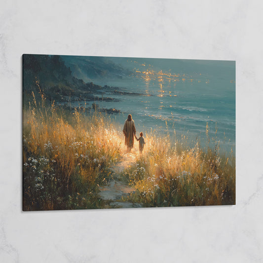 Jesus Walking with a Child Canvas Art, Coastal Path Scene on gallery wrap