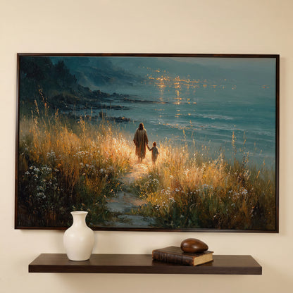 Jesus Walking with a Child Canvas Art, Coastal Path Scene in dark walnut floating frame