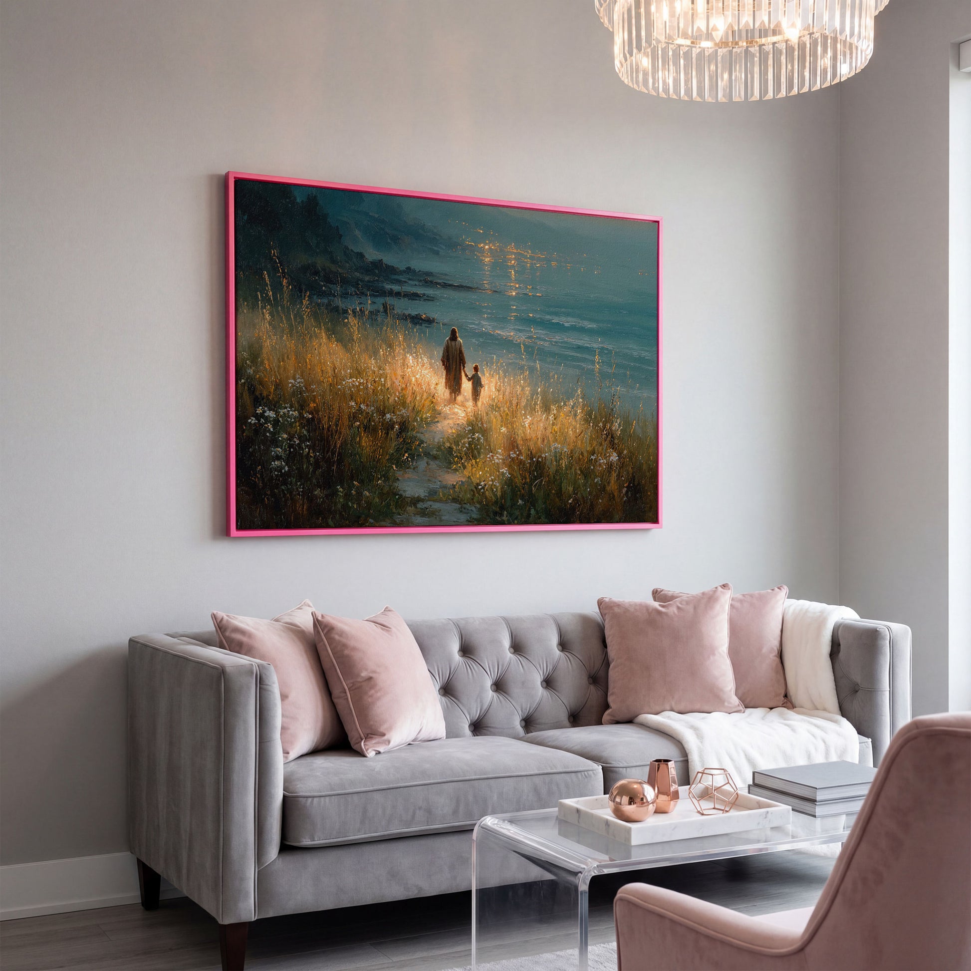 Jesus Walking with a Child Canvas Art, Coastal Path Scene in pink floating frame