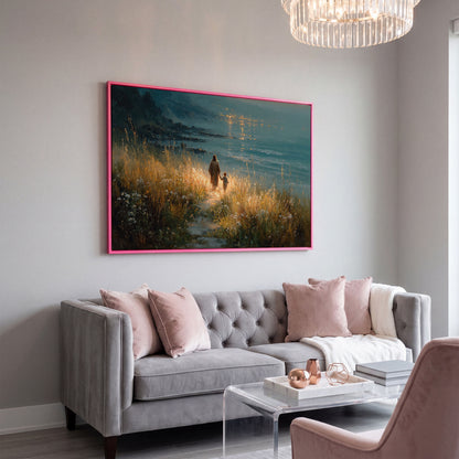 Jesus Walking with a Child Canvas Art, Coastal Path Scene in pink floating frame