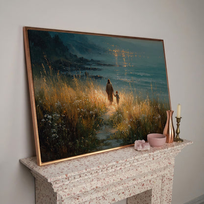 Jesus Walking with a Child Canvas Art, Coastal Path Scene in rose gold floating frame