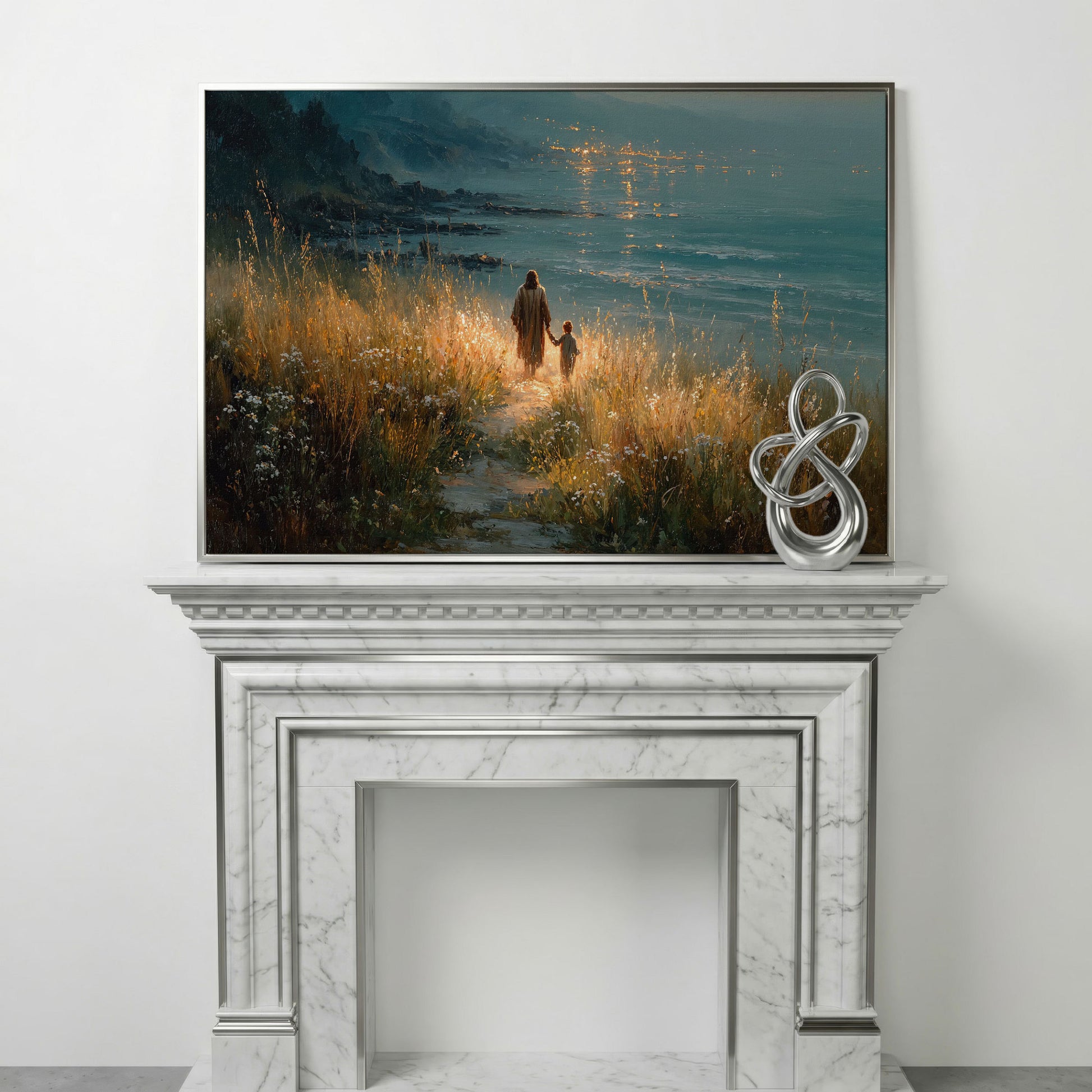 Jesus Walking with a Child Canvas Art, Coastal Path Scene in silver floating frame