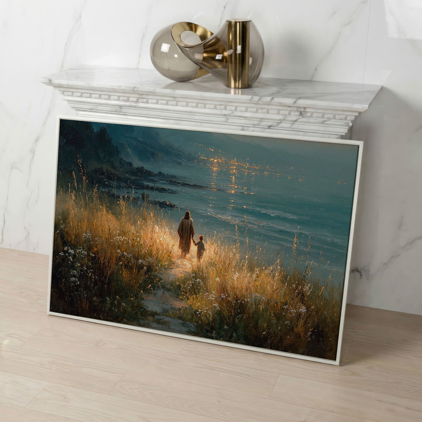 Jesus Walking with a Child Canvas Art, Coastal Path Scene in white floating frame