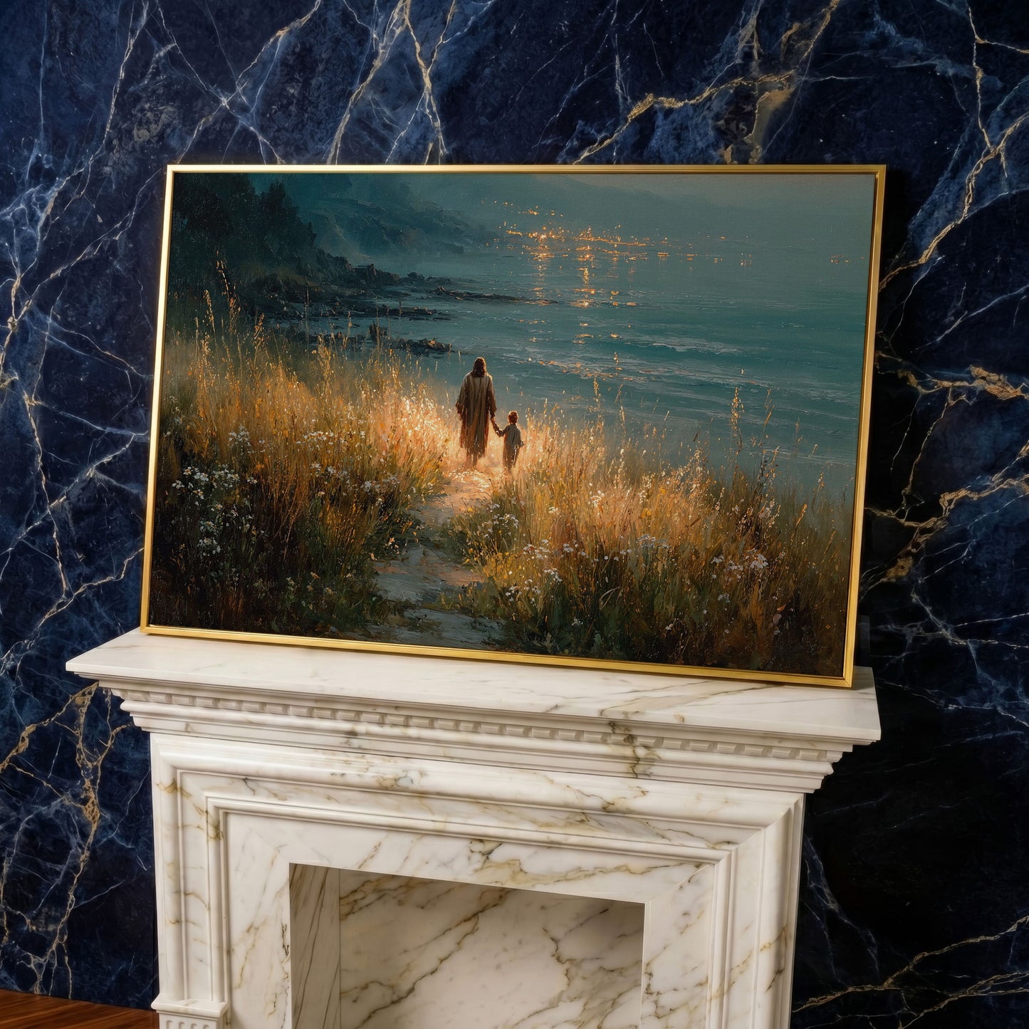 Jesus Walking with a Child Canvas Art, Coastal Path Scene in yellow gold floating frame