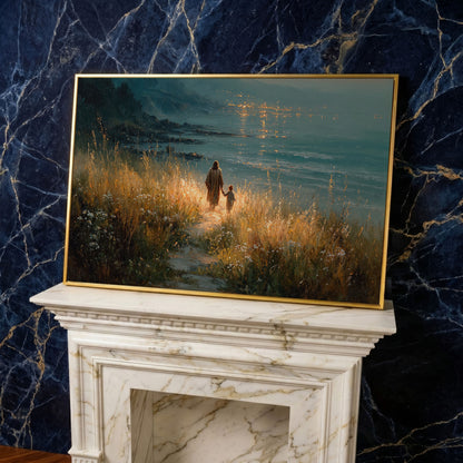 Jesus Walking with a Child Canvas Art, Coastal Path Scene in yellow gold floating frame
