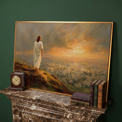 Jesus Overlooking Jerusalem Canvas Wall Art, Landscape in antique gold floating frame