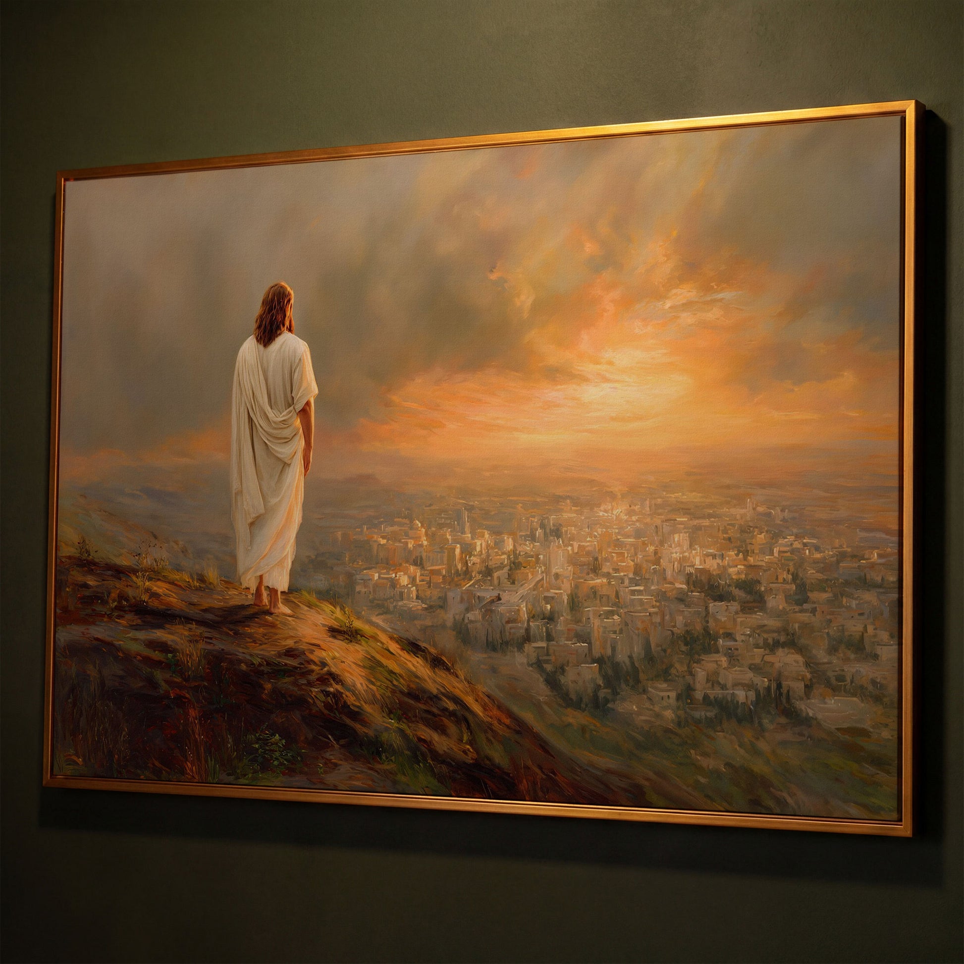 Jesus Overlooking Jerusalem Canvas Wall Art, Landscape shown in antique gold floating frame