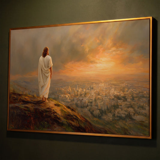 Jesus Overlooking Jerusalem Canvas Wall Art, Landscape shown in antique gold floating frame