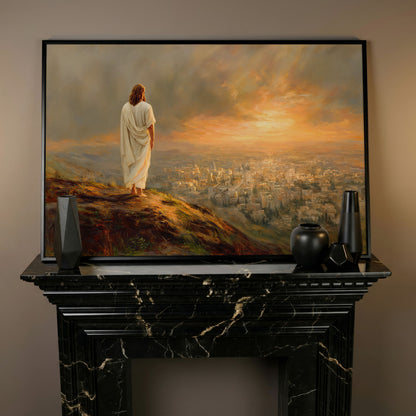 Jesus Overlooking Jerusalem Canvas Wall Art, Landscape in black floating frame