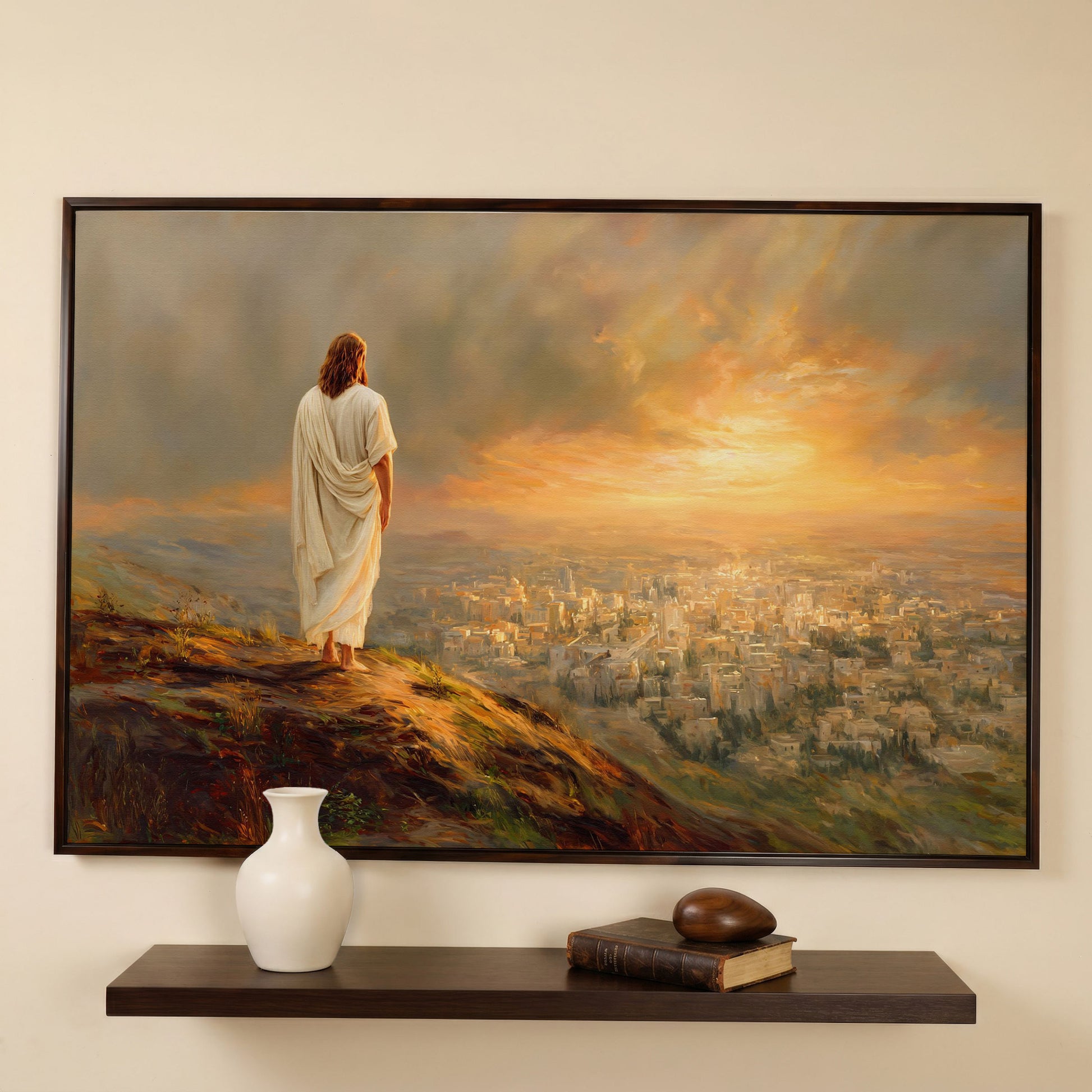 Jesus Overlooking Jerusalem Canvas Wall Art, Landscape in dark walnut floating frame