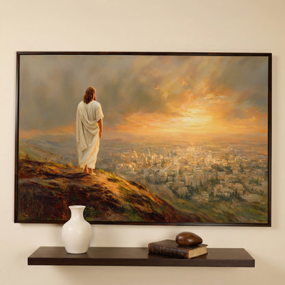 Jesus Overlooking Jerusalem Canvas Wall Art, Landscape in dark walnut floating frame