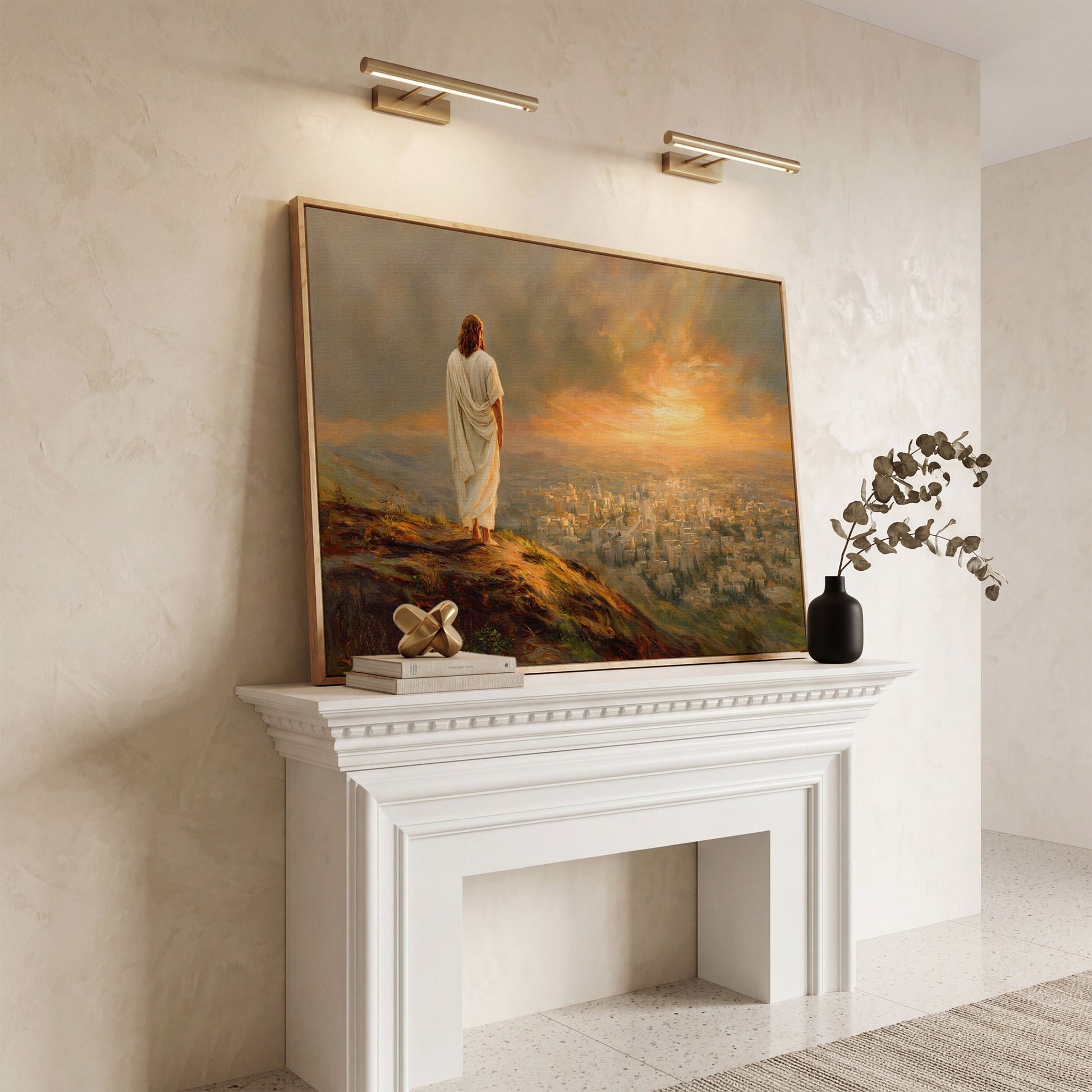 Jesus Overlooking Jerusalem Canvas Wall Art, Landscape in white oak floating frame