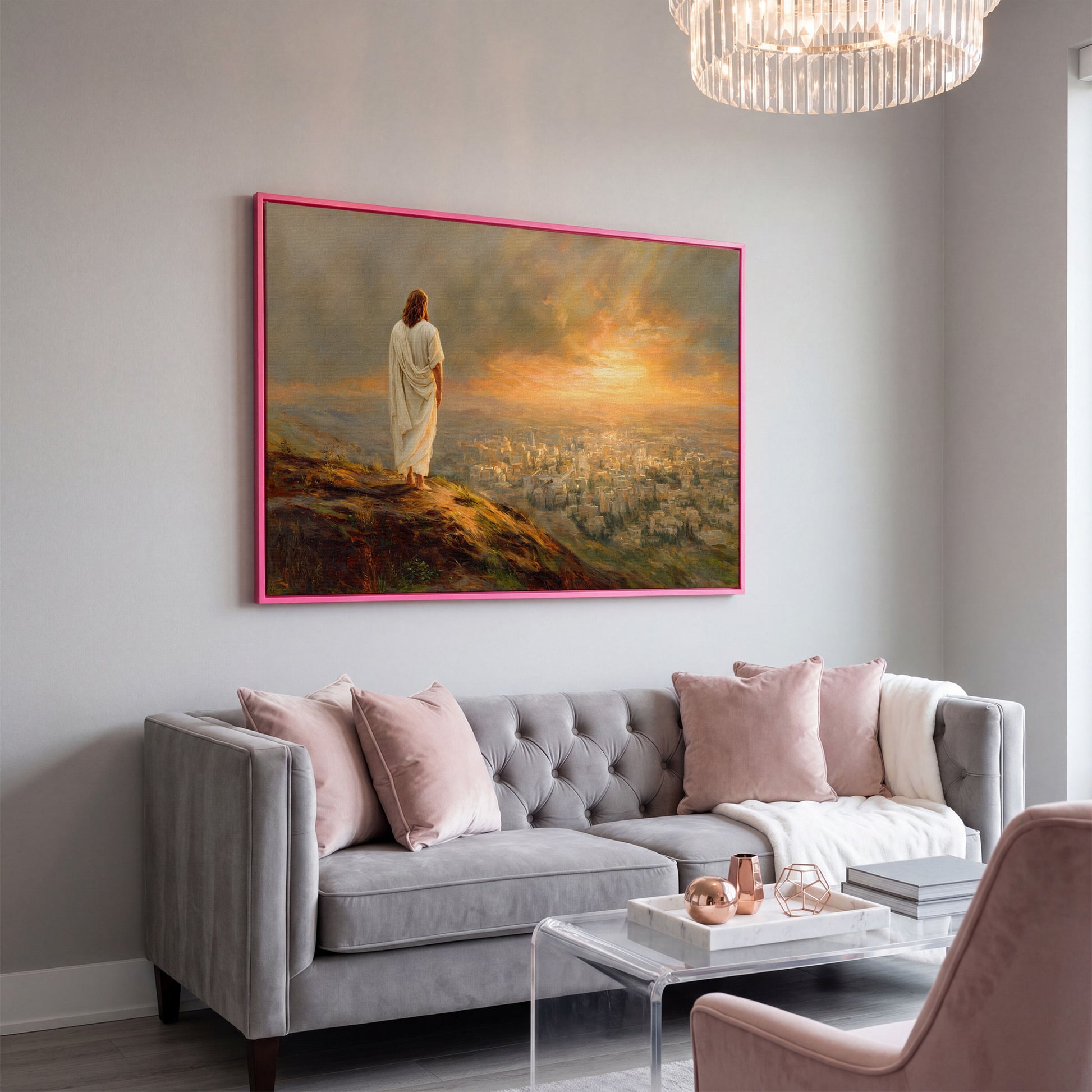 Jesus Overlooking Jerusalem Canvas Wall Art, Landscape in pink floating frame