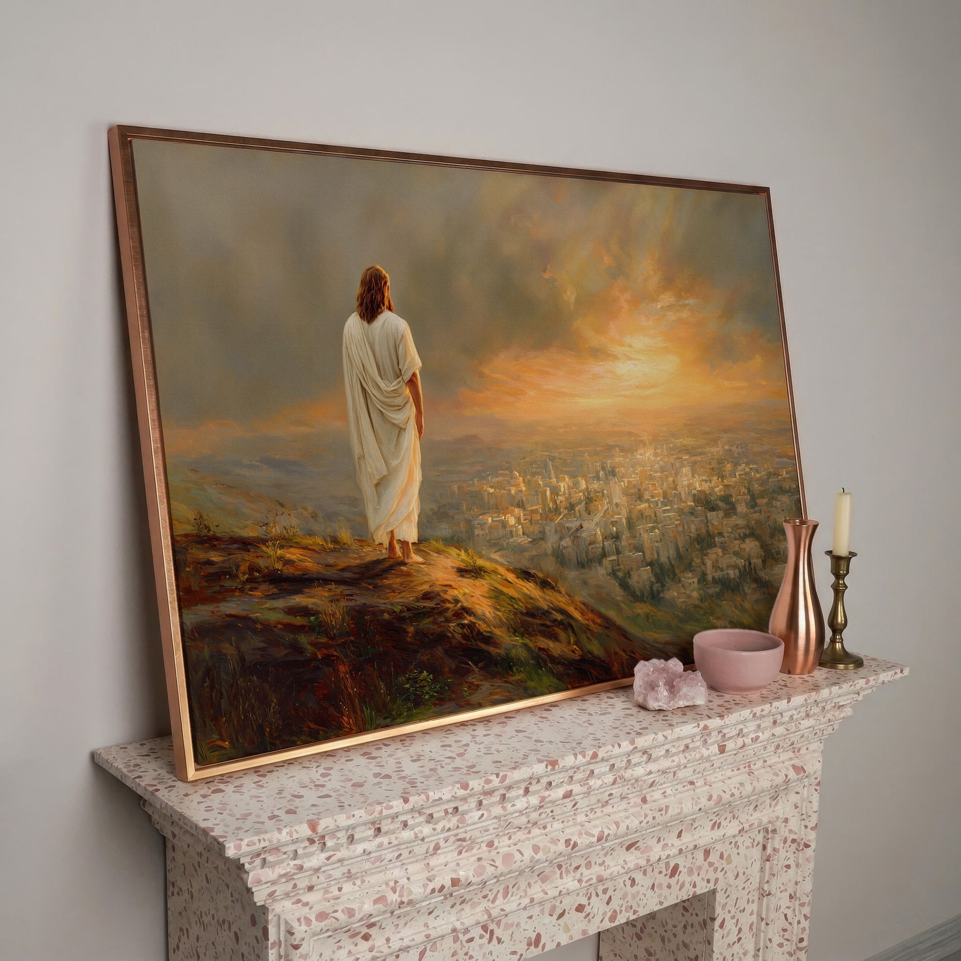 Jesus Overlooking Jerusalem Canvas Wall Art, Landscape in rose gold floating frame