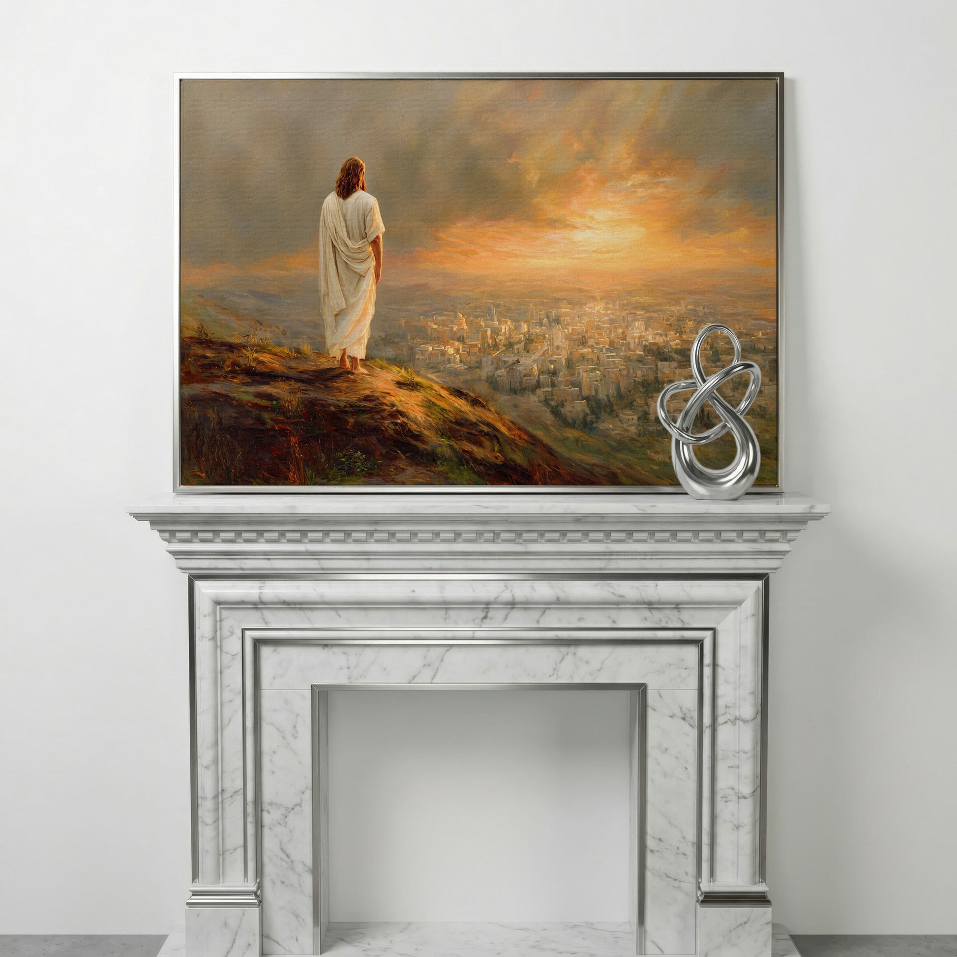 Jesus Overlooking Jerusalem Canvas Wall Art, Landscape in silver floating frame