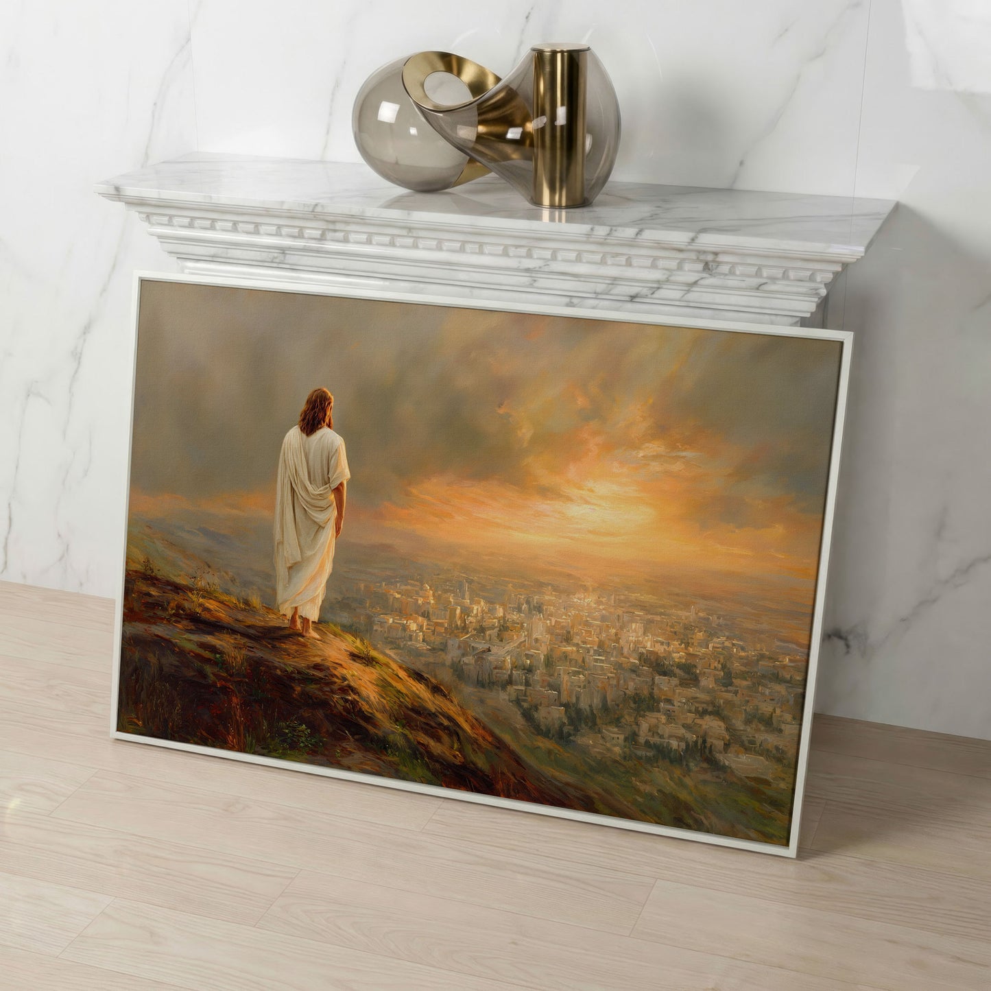 Jesus Overlooking Jerusalem Canvas Wall Art, Landscape in white floating frame