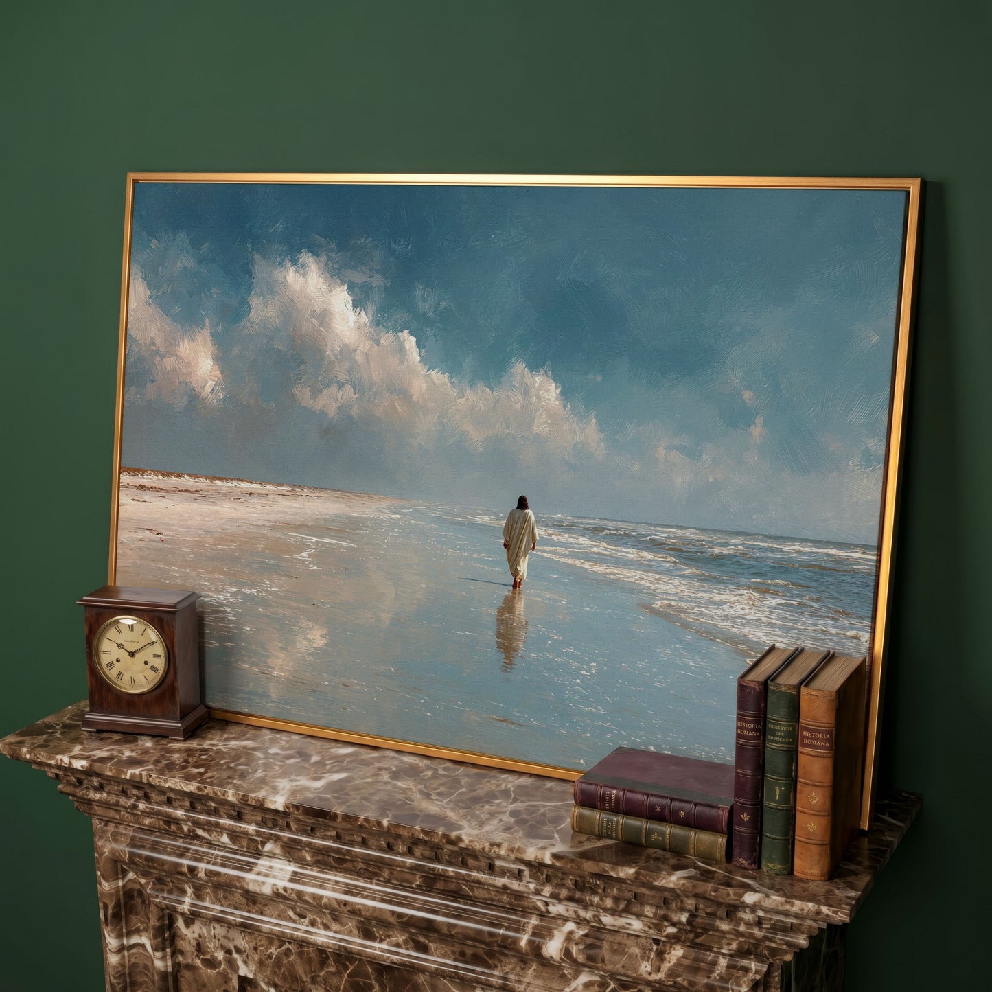 Jesus Walking on the Beach Canvas Wall Art in antique gold floating frame
