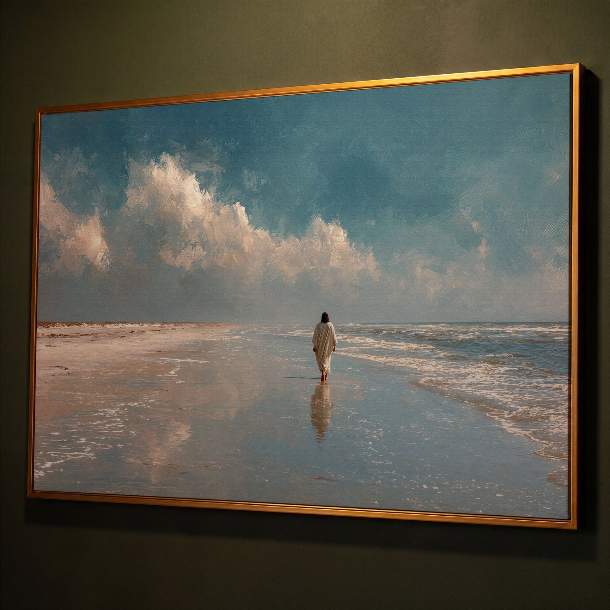 Jesus Walking on the Beach Canvas Wall Art shown in antique gold floating frame