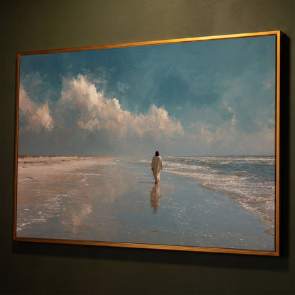 Jesus Walking on the Beach Canvas Wall Art shown in antique gold floating frame